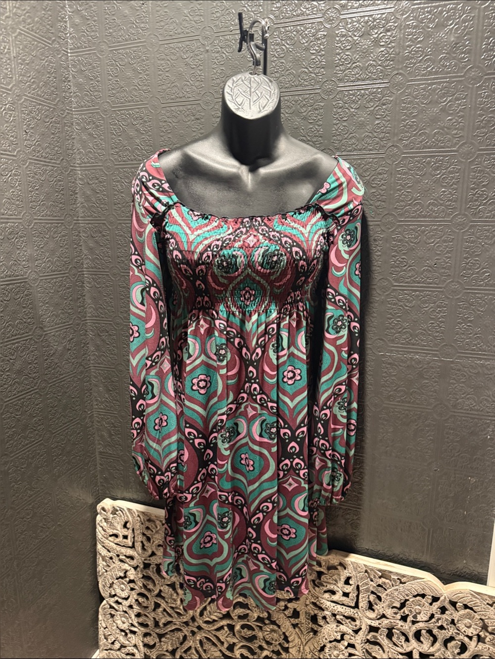 Bisou Bisou Teal & Magenta Off-Shoulder Smocked Long Sleeve Dress